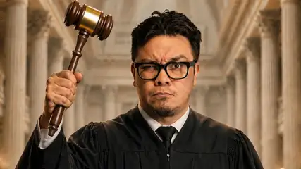 Franco Escamilla in a judges outfit in a courthouse.