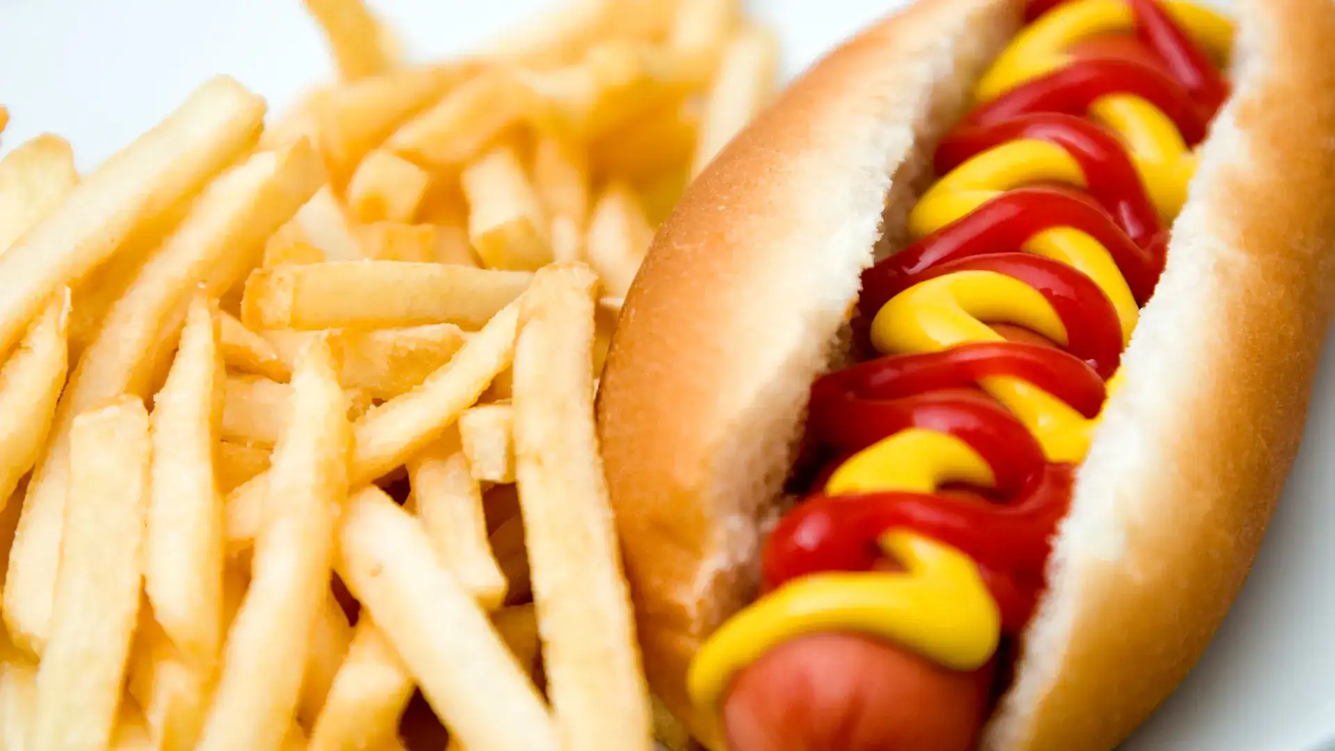 Hot dog with ketchup and mustard and fries on the side.