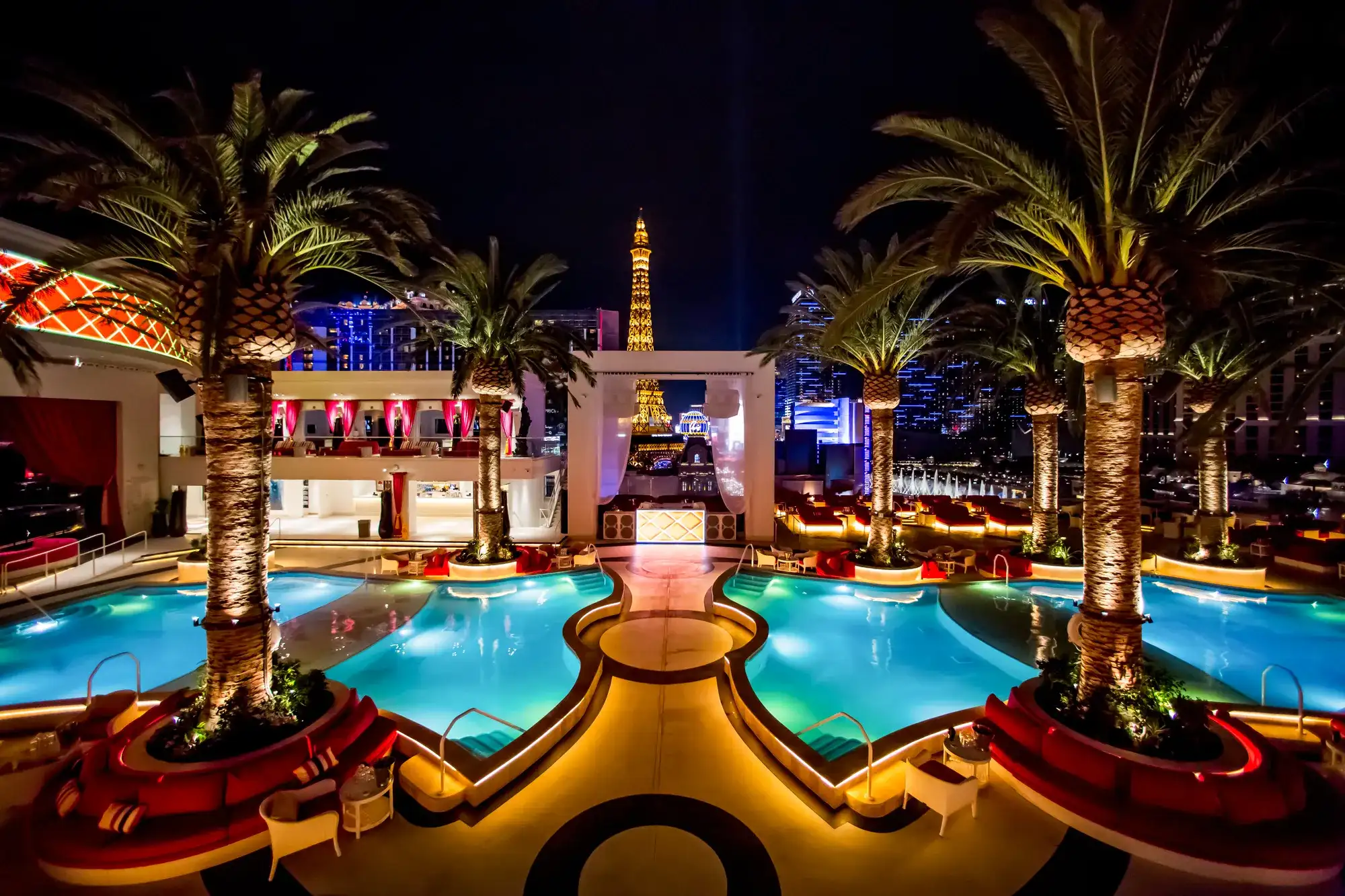 Soleia Beach rooftop pool at The Vanderpump Hotel with Paris Las Vegas Eiffel Tower view