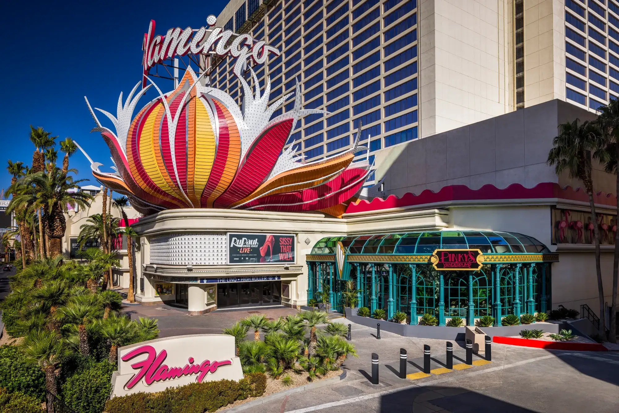 External daytime image of Flamingo Las Vegas featuring Pinky's Vanderpump restaurant lounge