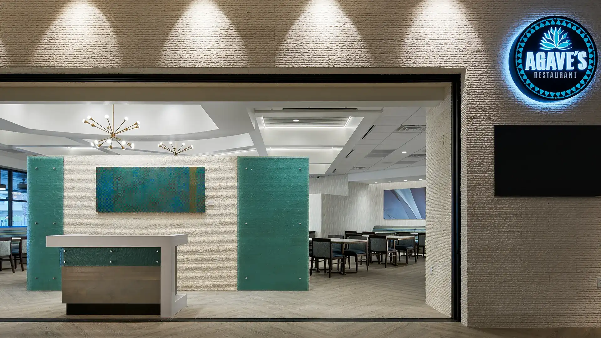 Agave's Restaurant entrance, host stand, and dining room.