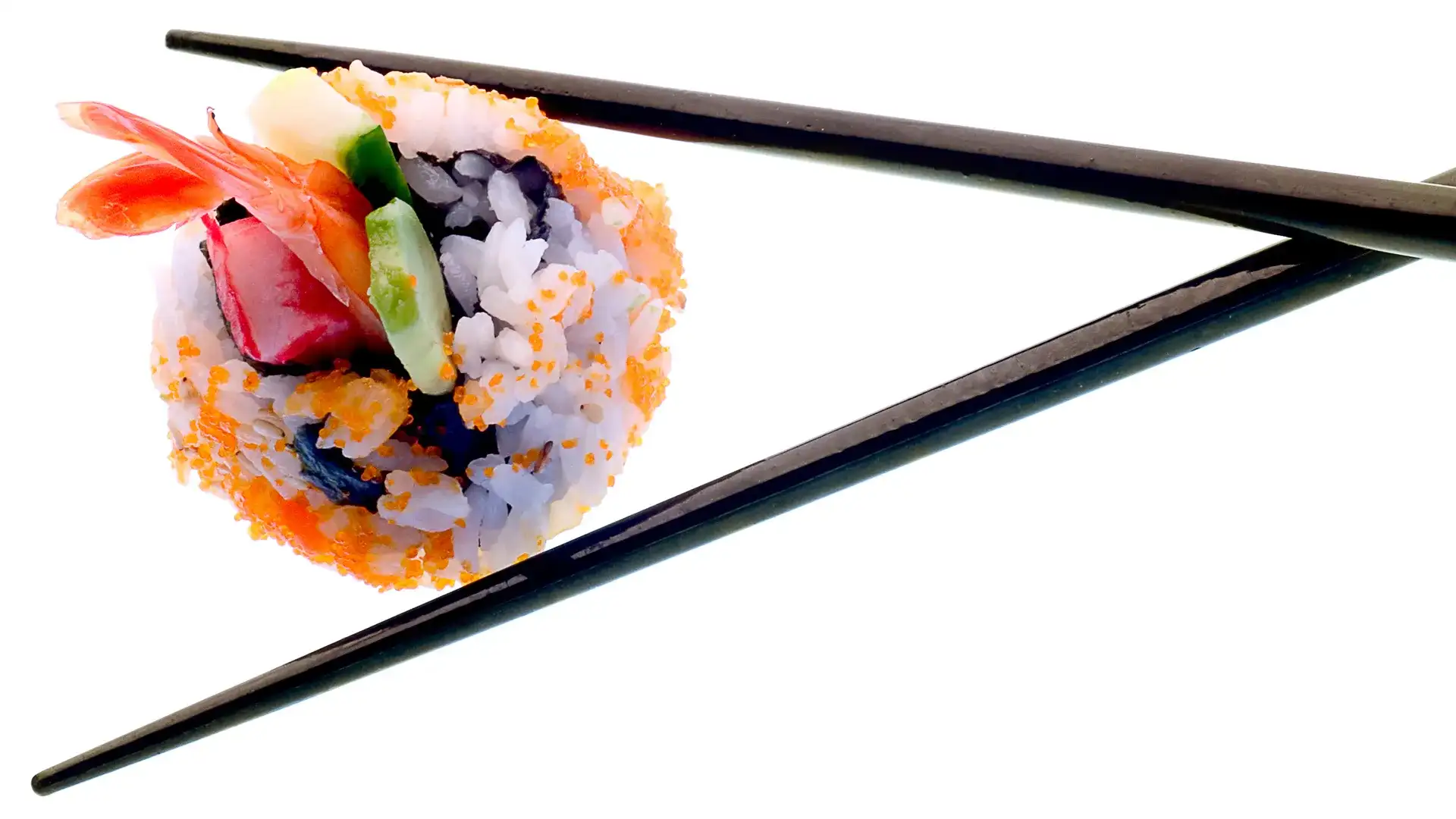 Close up maki roll and chopsticks.