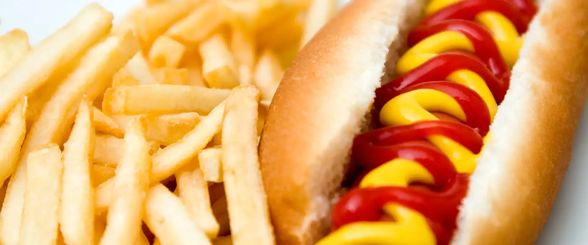 Hot dog with ketchup and mustard and fries on the side.