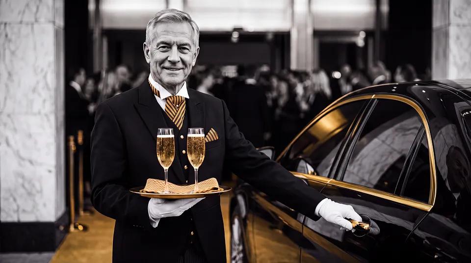 Butler in white gloves presenting champagne and opening a luxury car door, representing the Olympus seven-night annual retreat at Caesars Rewards destinations