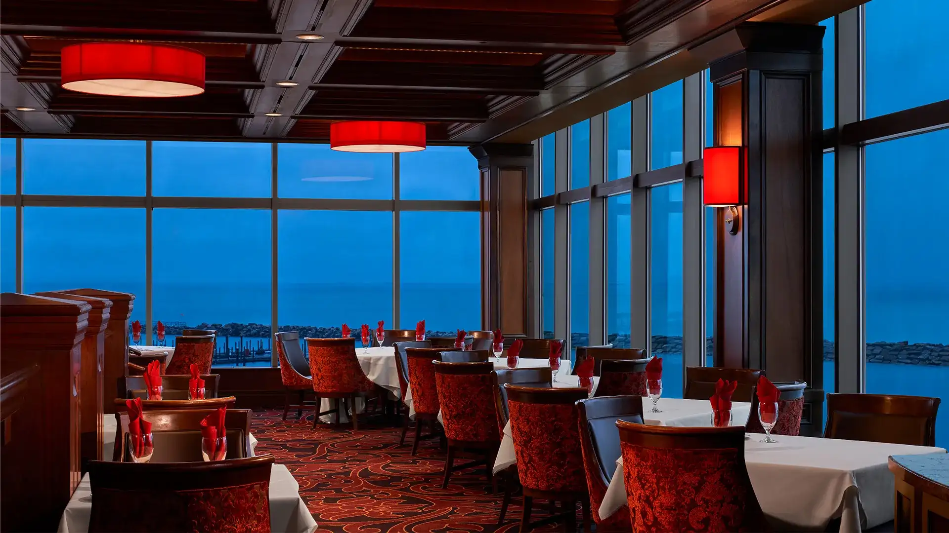 Jack Binion's elegant dining room with sweeping views of Lake Michigan.