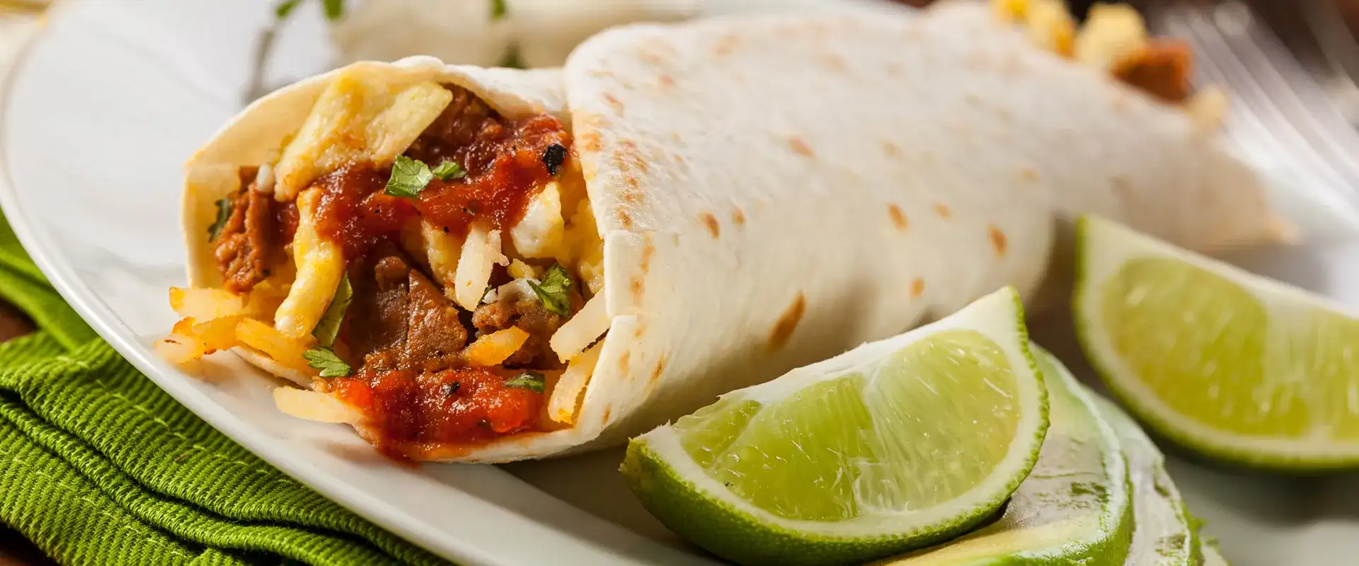 Breakfast burrito with lime wedges on the side.