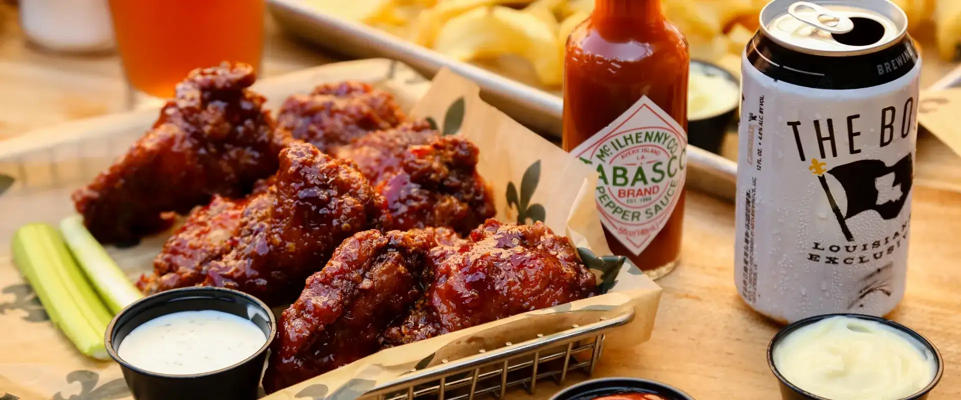 Basket of wings with sauces