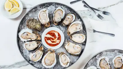 Platter of oysters, cocktail sauce, and lemon.