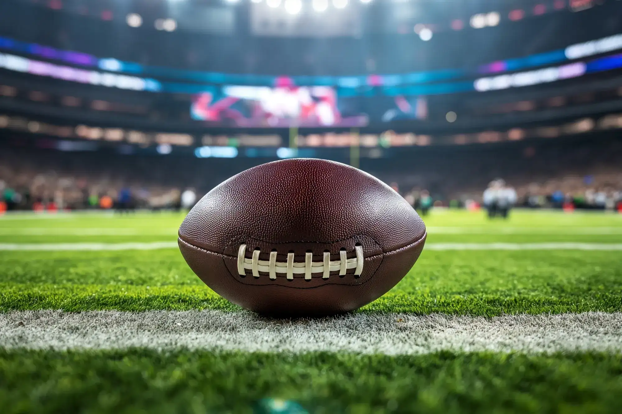 Close-up of an American football on a white sideline with a brightly lit stadium and crowd in the background