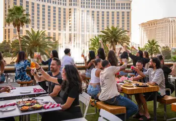 Group of Friends celebrating at Beer Park at Paris Las Vegas