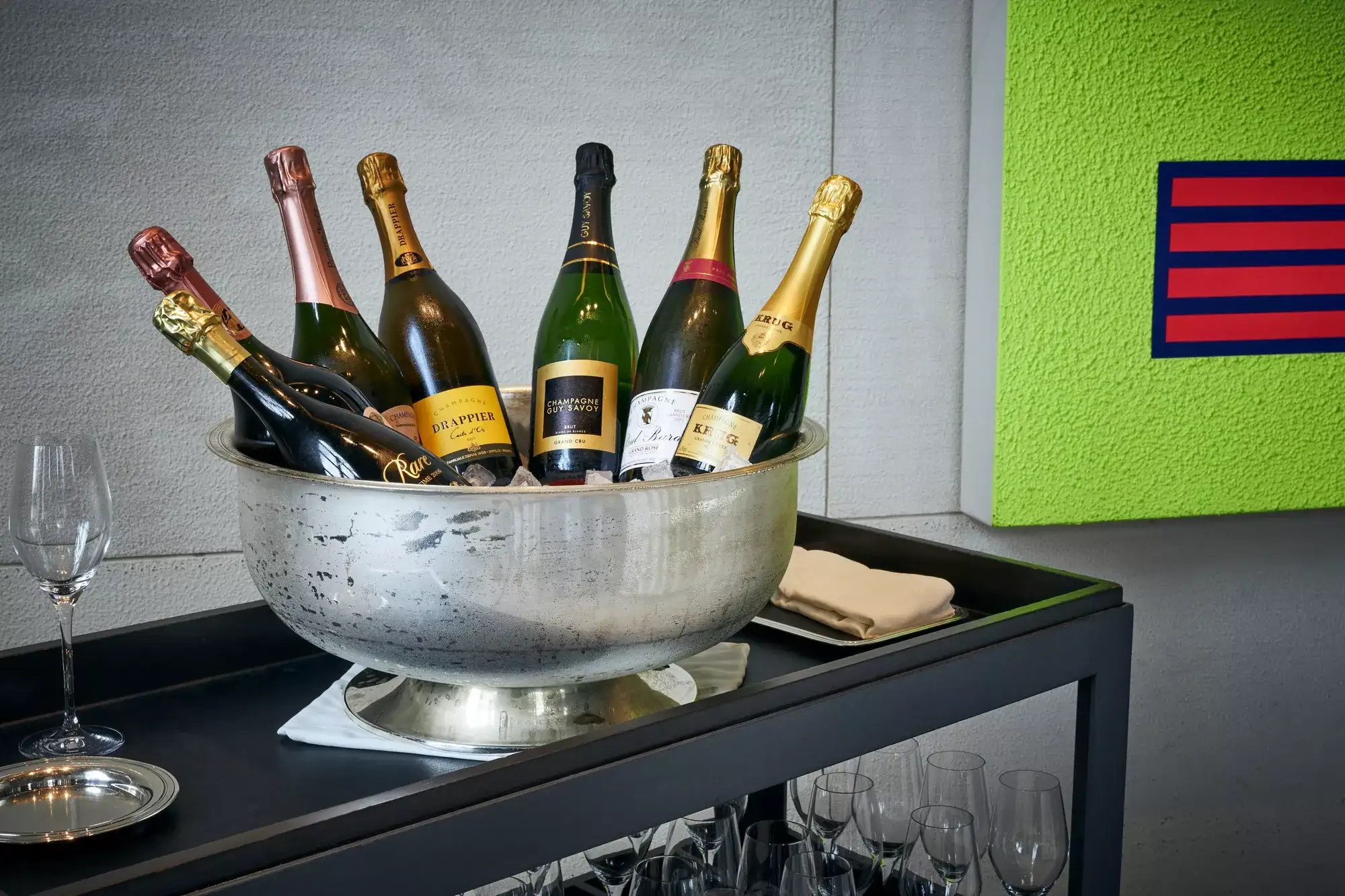 Champagne cart filled with bottles