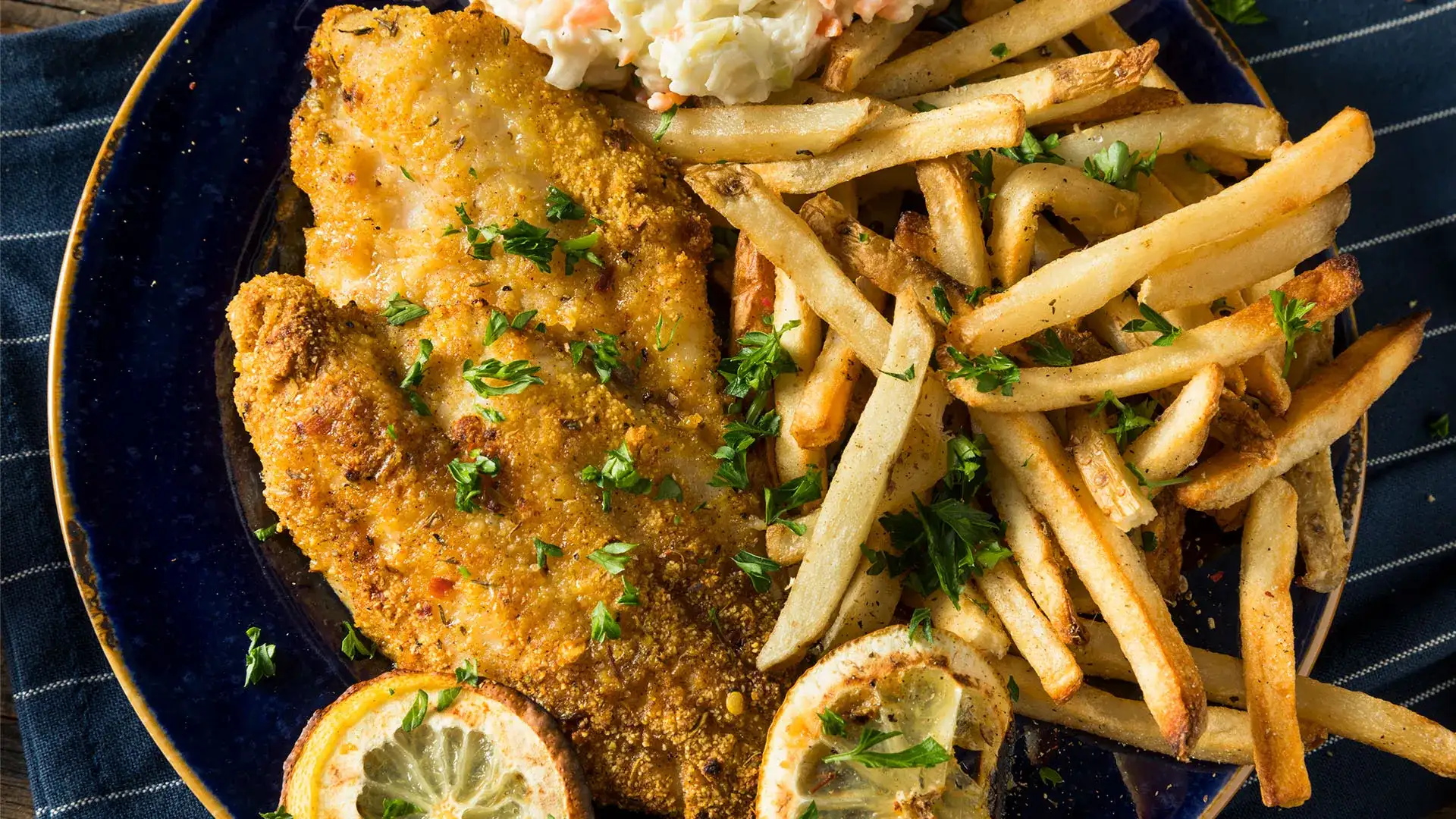Plate of fish and chips.