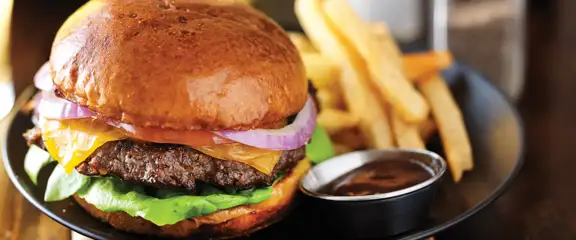 Cheeseburger with lettuce, onion, tomato on a plate with fries