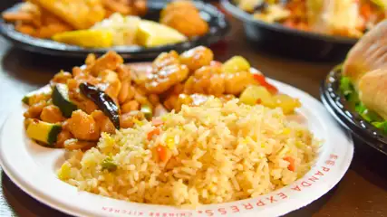 Fried rice, chicken, and various dishes from Panda Express.