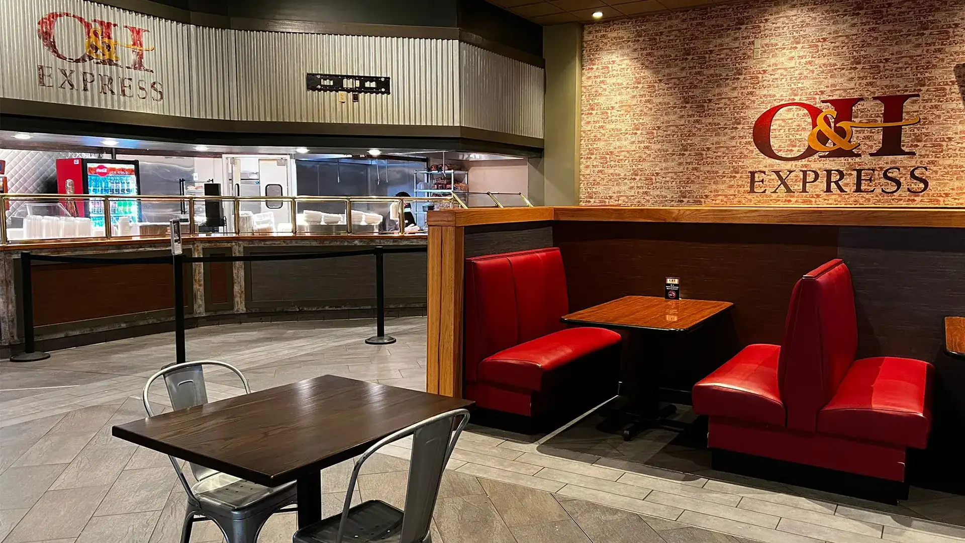 Seating area and counter at O&H Express.