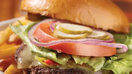 Hamburger with lettuce, onion and tomato with side of fries