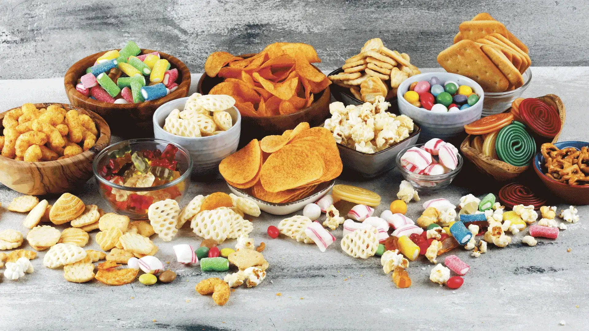 Bowls of Candy, Treats, and Potato Chips
