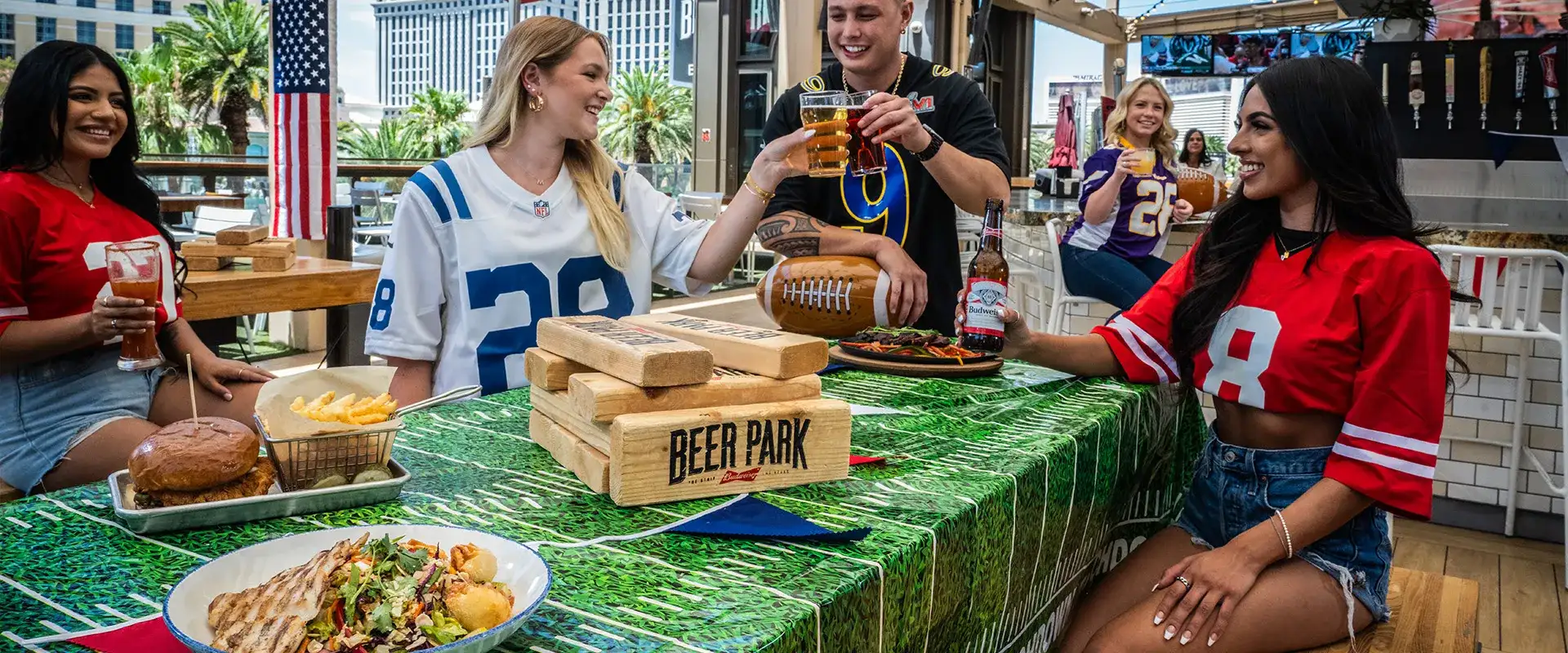Group of friends enjoying drinks at Beer Park at Paris Las Vegas
