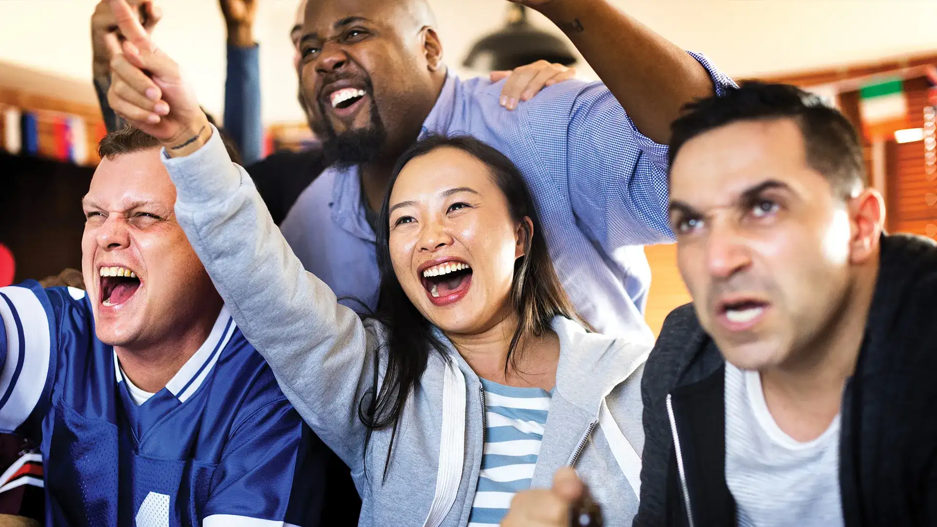 Group of fans cheering and watching a game.