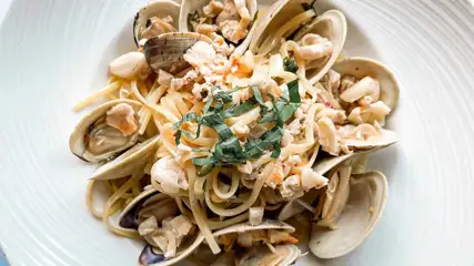 Plate of seafood pasta from The Palm.