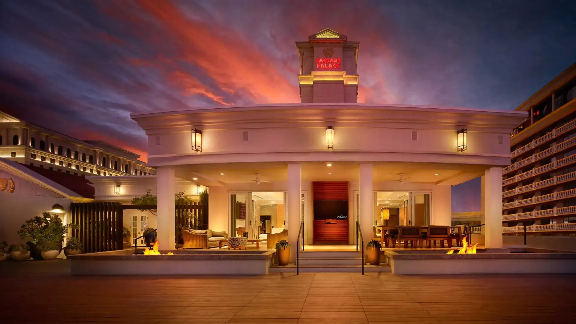 Nobu Villa patio at sunset atop Caesars Palace Las Vegas in the heart of Center Strip