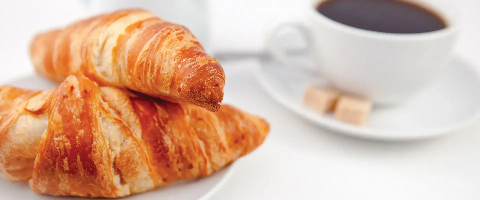 Croissants on a plate with a cup of coffee.