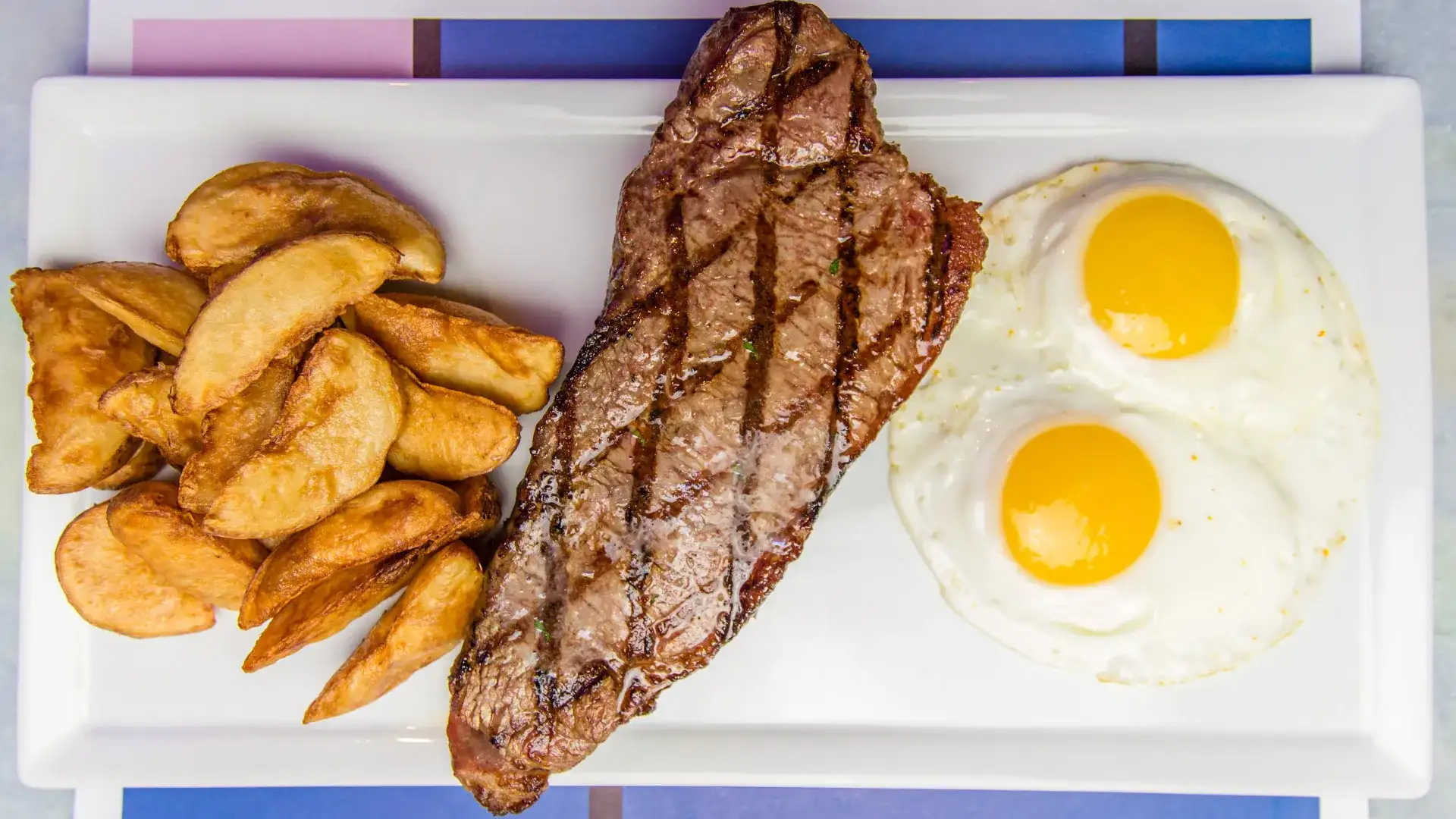 Plate of steak eggs and potatoes.