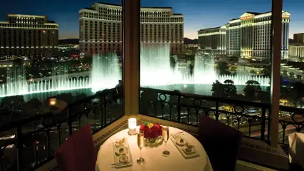 View of the fountains from the Eiffel Tower restaurant at Paris Las Vegas.