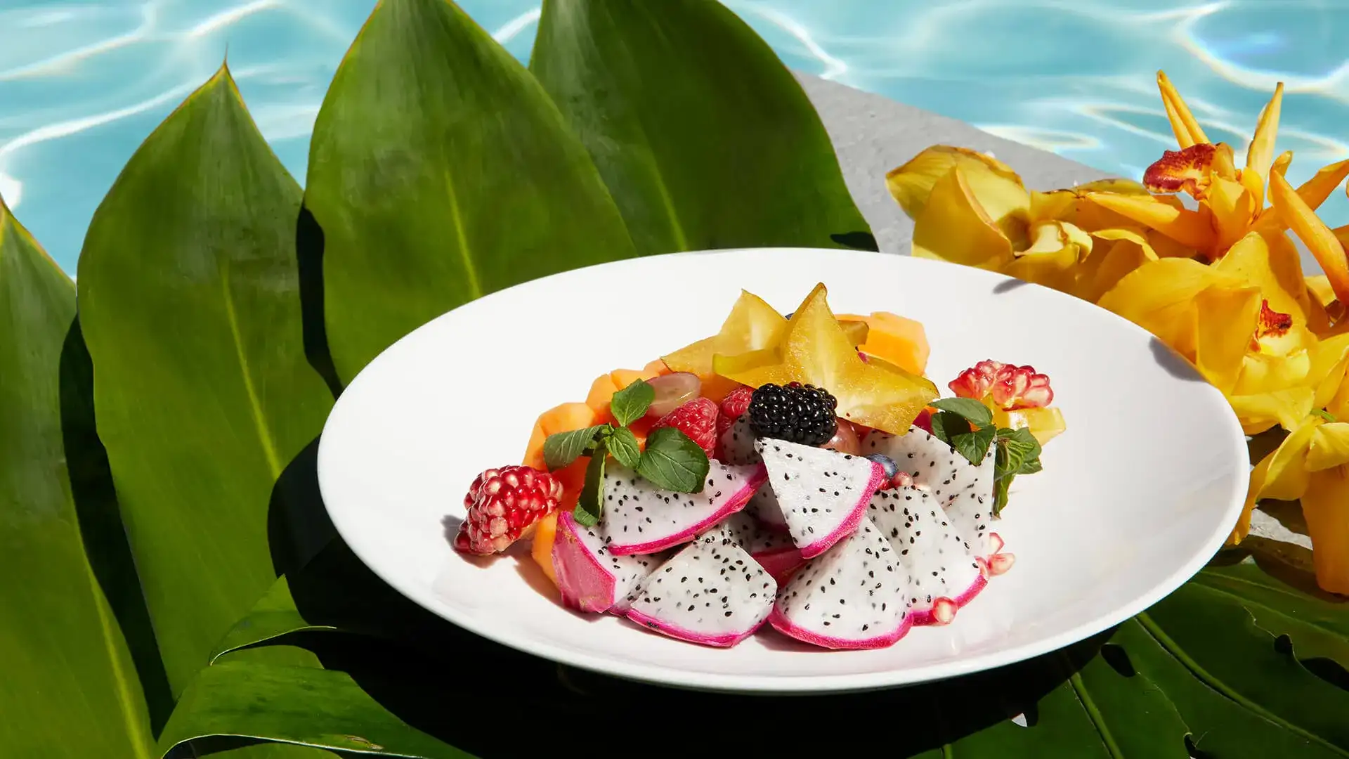 Fresh fruit salad. with berries and mint garnish.