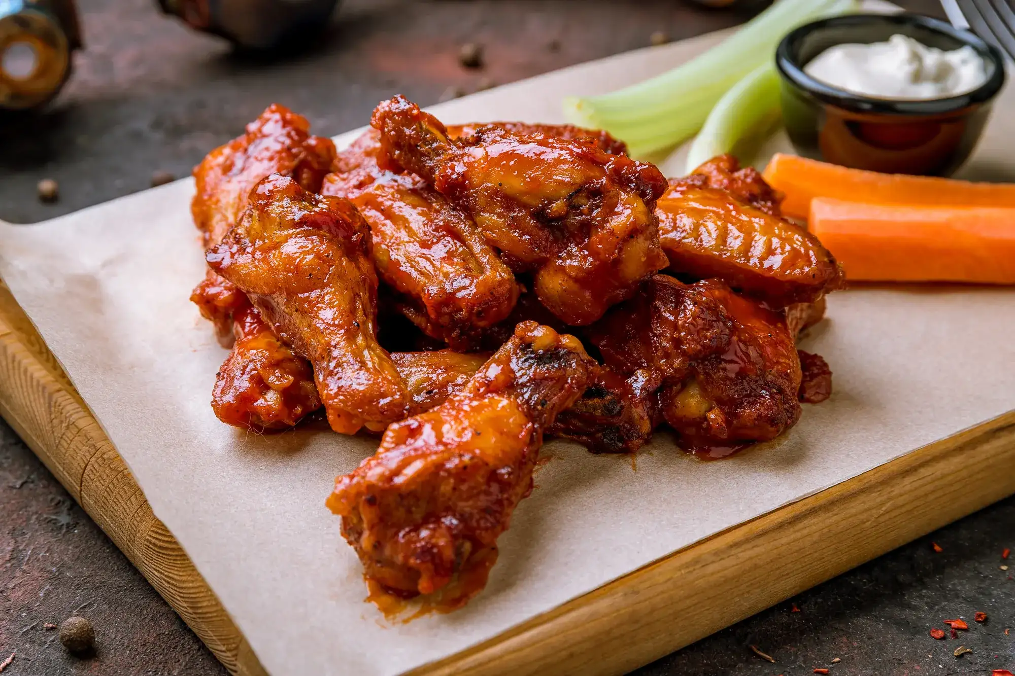 Chicken wings in barbecue sauce with carrot sticks, celery and ranch on the side