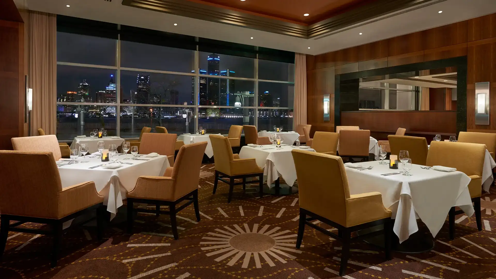 Dining room with a view at Neros Steakhouse at Caesars Windsor.