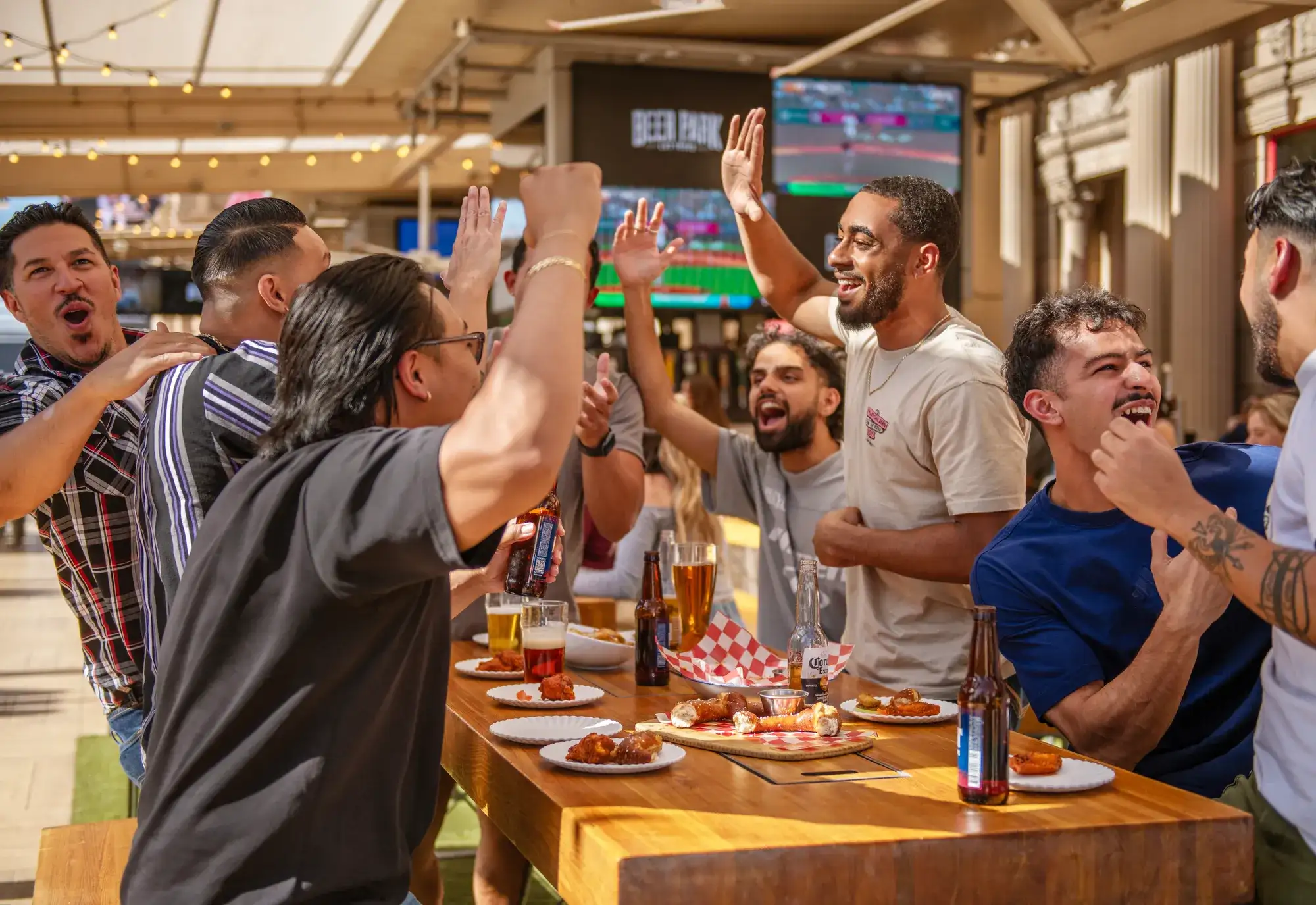 Group of Friends celebrating at Beer Park at Paris Las Vegas