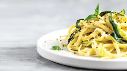 Sapori pasta dish on a white plate.