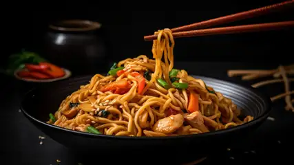 Bowl of Asian noodles with chopsticks