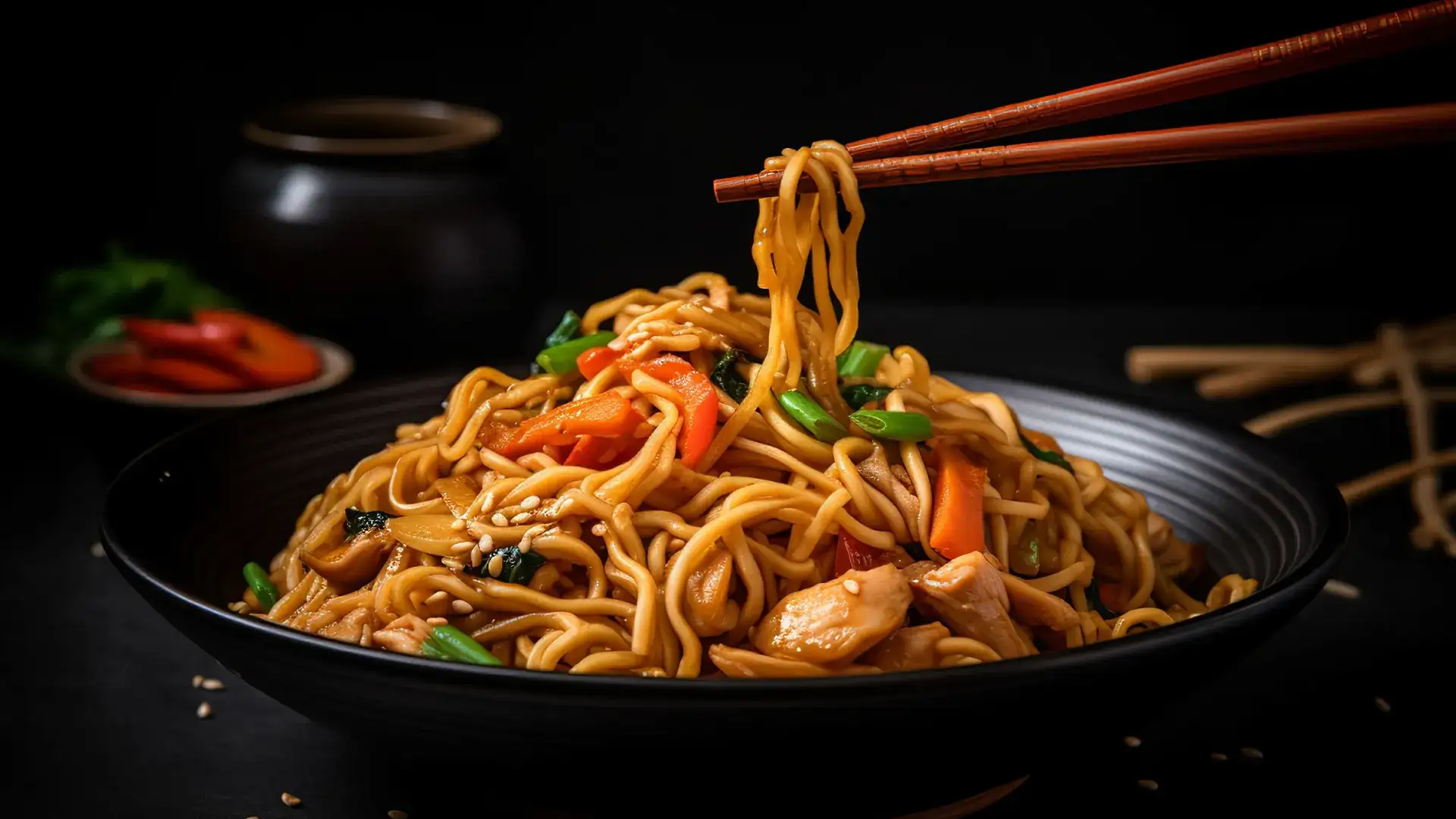 Bowl of Asian noodles with chopsticks