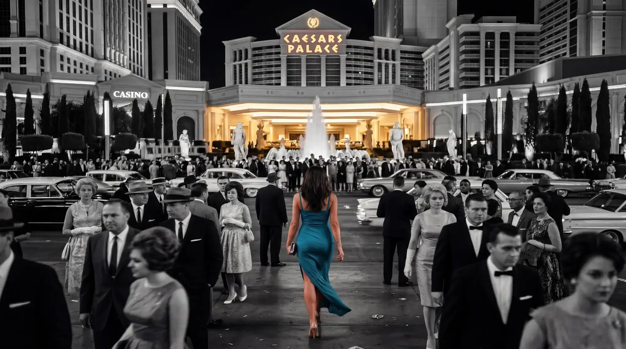 View of Caesars Palace at night with a crowd of guests, vintage-style cars, fountains, and illuminated resort signage