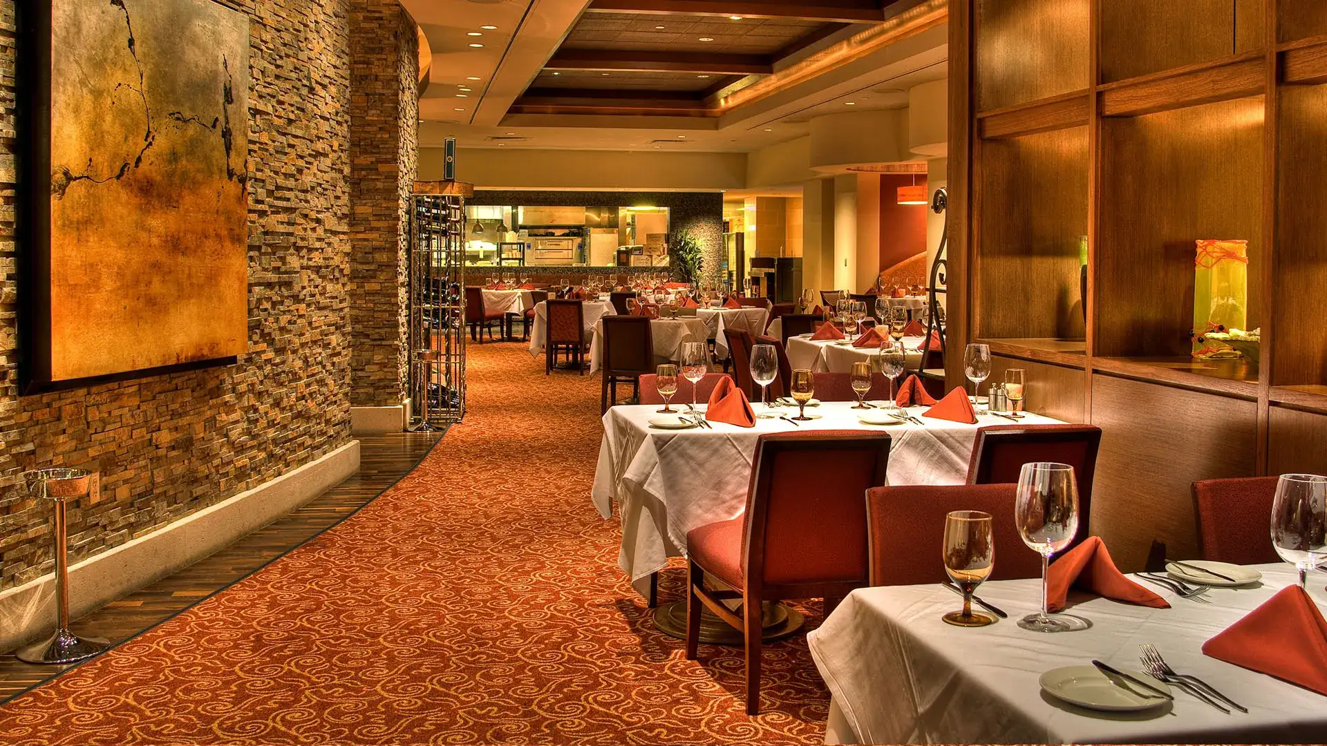 Tables set for dinner in Farradday's dining room.