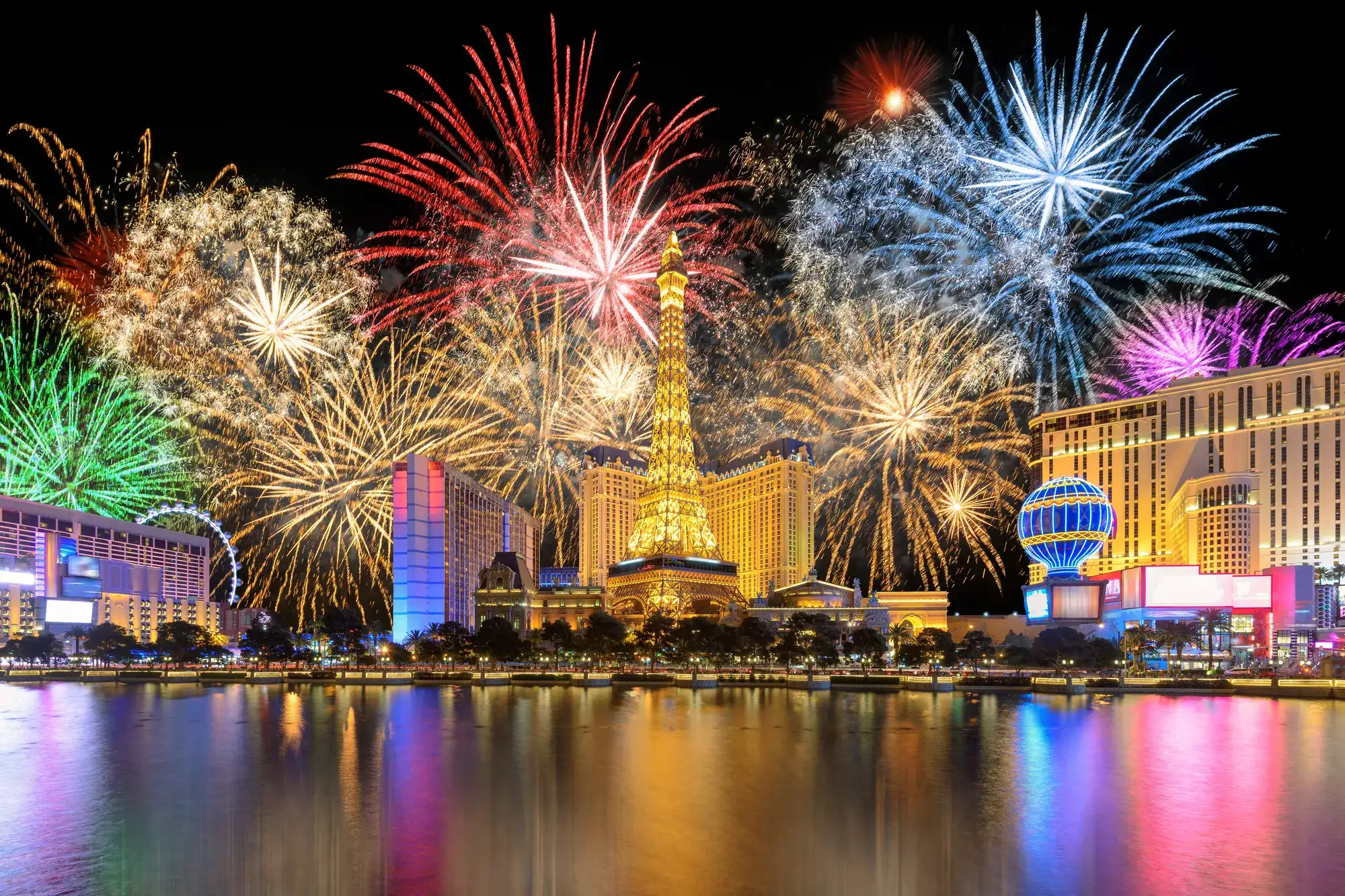 Fireworks lighting up the Las Vegas Strip skyline at night, capturing a holiday travel moment for visiting Vegas any time of year.