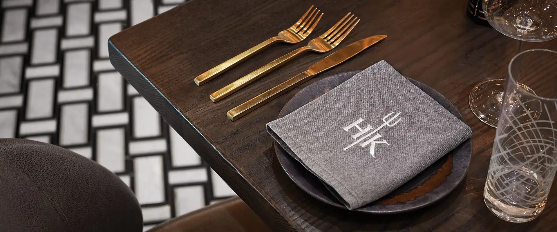 Silverware, napkin and glasses from Hell's Kitchen Las Vegas located in front of Caesars Palace