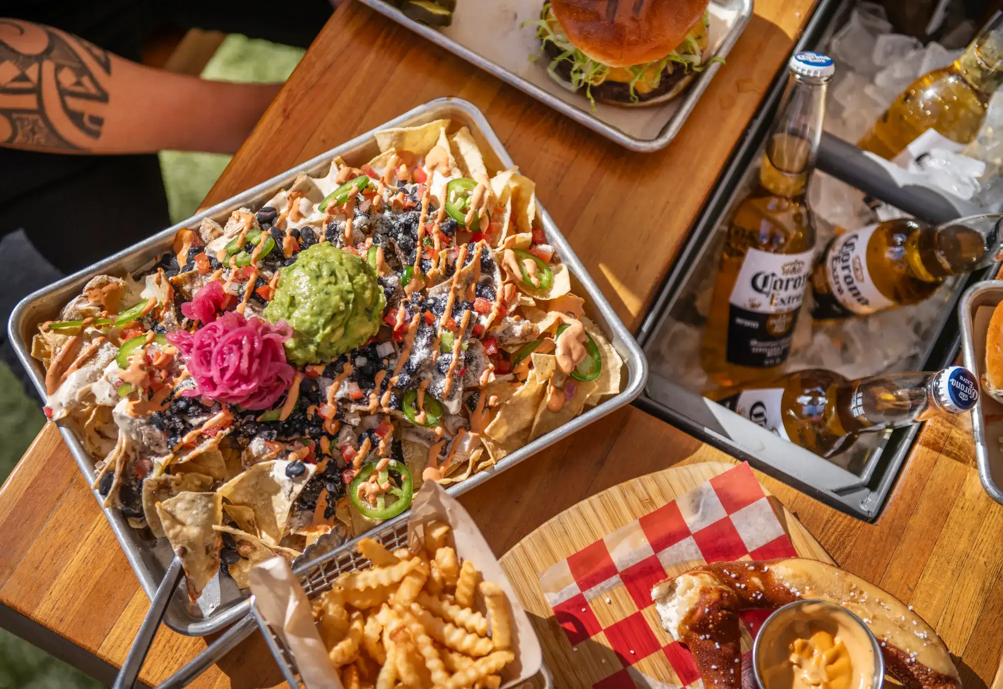 Table of food at Beer Park at Paris Las Vegas
