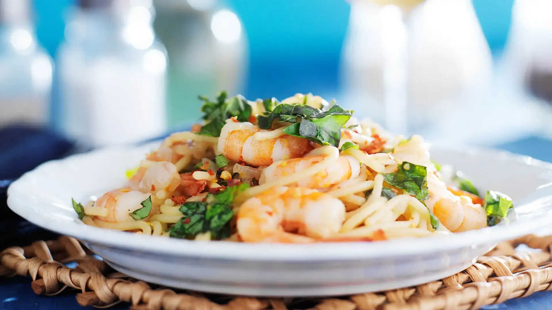 Shrimp pasta in a bowl.