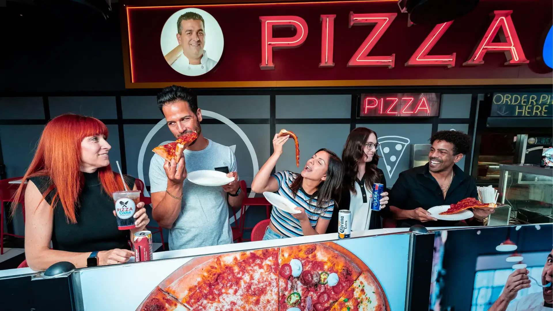 Crowd eating pizza at Pizza Cake by Buddy V. at Harrah's Las Vegas